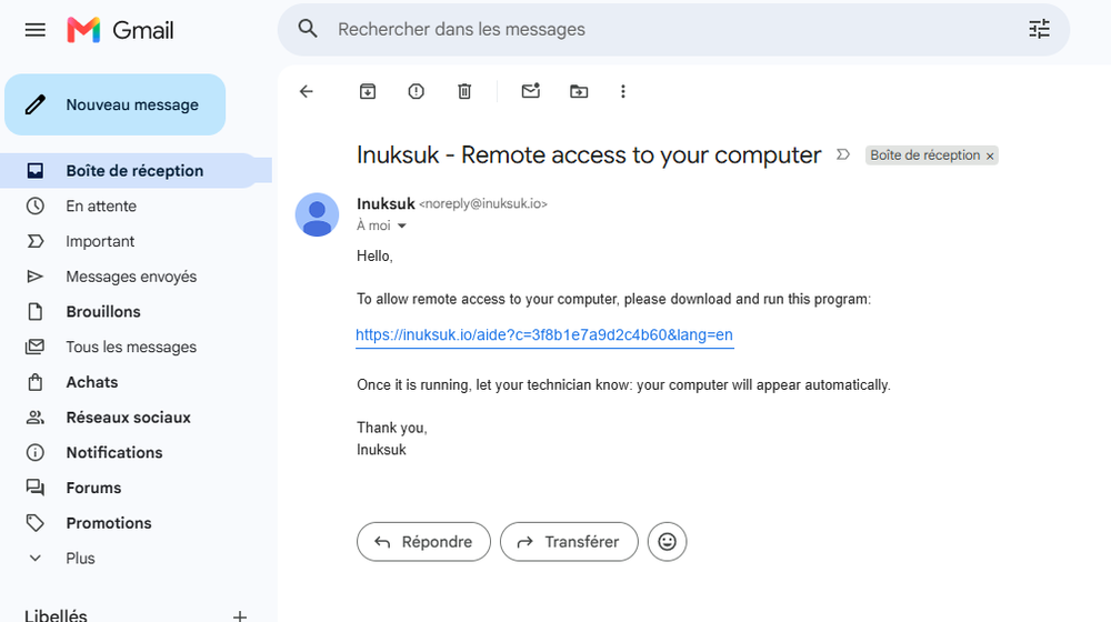 Email invitation the client receives, with a link to the assistance program