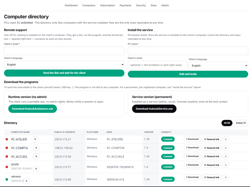 Portal directory listing computers with the service installed, each reachable at any time