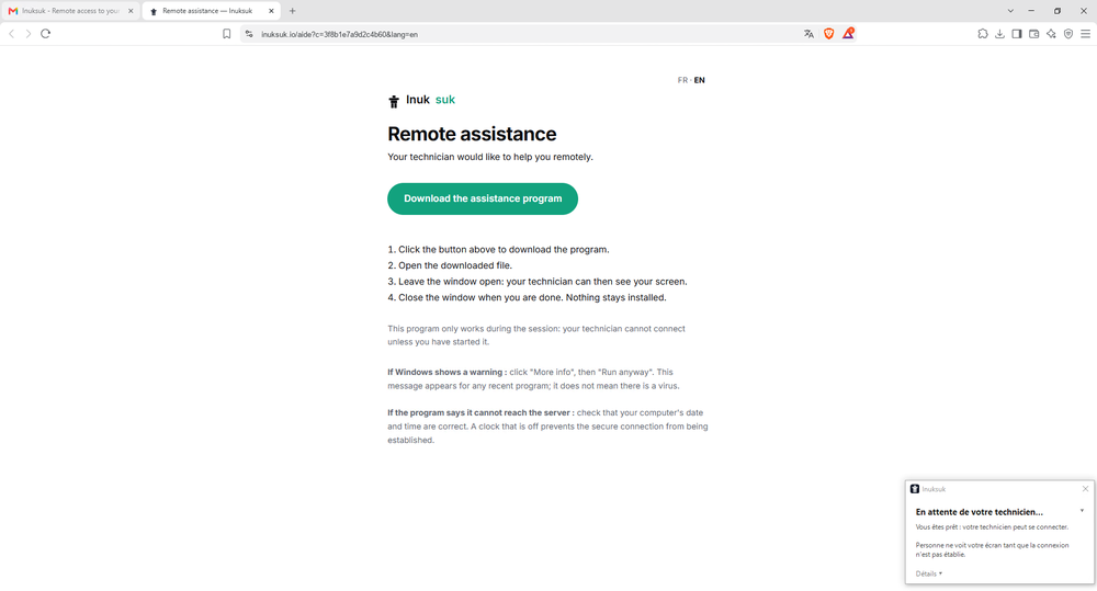 The assistance page the client opens from the install link