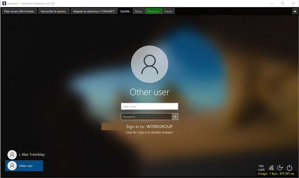 Inuksuk remote control session on the client Windows PC